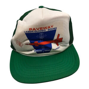 Vtg mesh trucker hat features a graphic for Paveway Laser-Guided Bombs